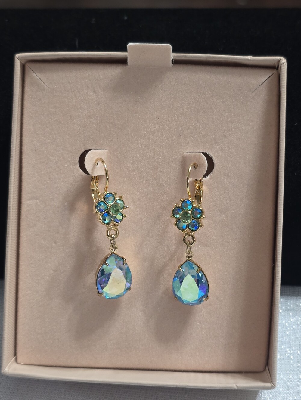 Kirks Folly Gold-Tone Blue Green Floral Aurora Crystal Teardrop Dangle Earrings - Picture 2 of 9